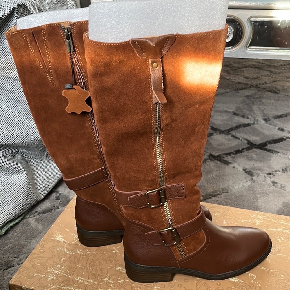 Brown knee length genuine leather boots